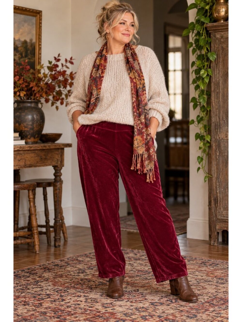 Gudrun Sjoden XL Burgundy Velvet Velour Pants Organic Cotton Boho Lagenlook